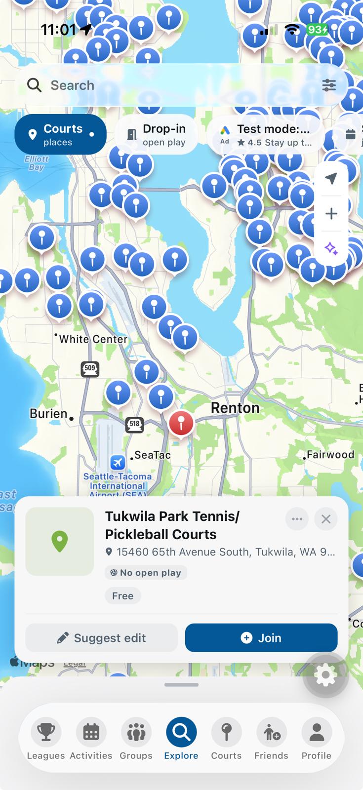 Pickleball Now map showing nearby courts and places to play